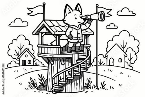 Coloring book for kids - Fox character looking through telescope from wooden treehouse  