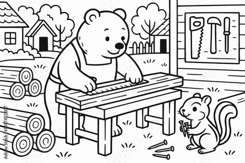 Coloring book for kids - Bear carpenter working at a wood bench with squirrel in yard  