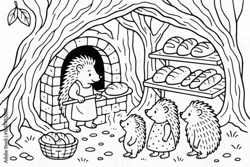 Coloring book for kids - Hedgehog baking bread in tree trunk bakery with friends waiting