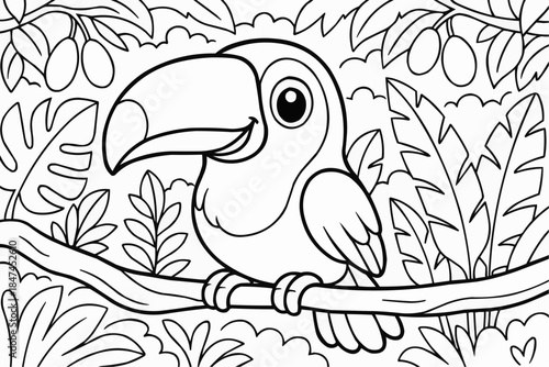 Coloring book for kids - Cartoon toucan sitting on a branch surrounded by tropical leaves  