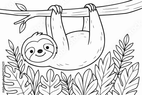  Coloring book for kids - Sloth hanging upside down from branch surrounded by tropical leaves  