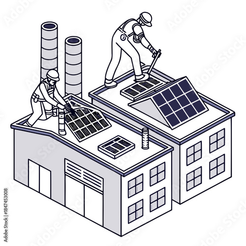 Maintenance robots cleaning solar panels on factory roof