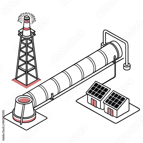 Solar powered industrial pipeline with oil derrick