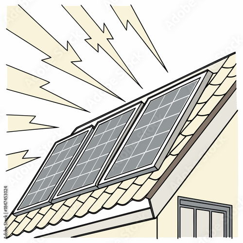 Solar light rays illuminating rooftop panels solar panels