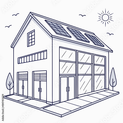Solar powered warehouse with roof panels and garage doors