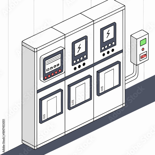 Energy monitoring modules mounted on factory wall with control panels and indicators