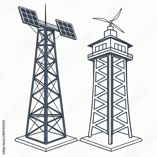 Metal towers with solar panels and wind turbine renewable energy