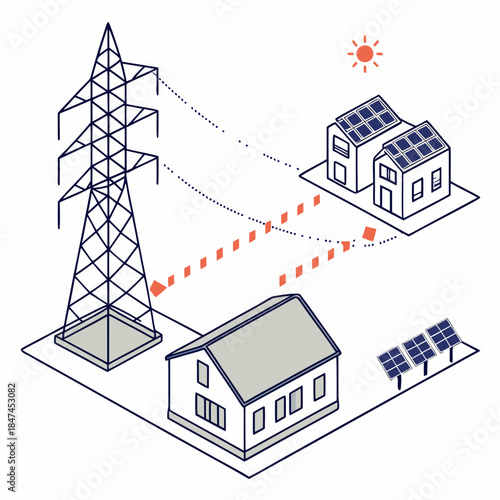 Solar power transmission layout with houses and tower