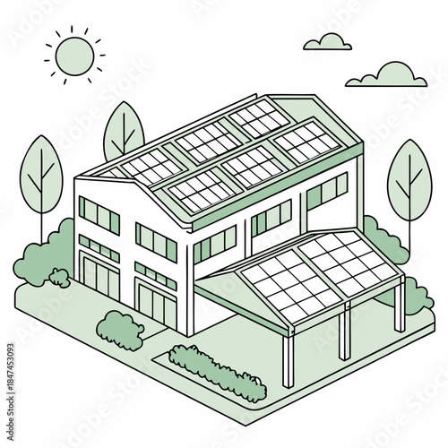 Eco friendly industrial building with solar panels on roof and carport