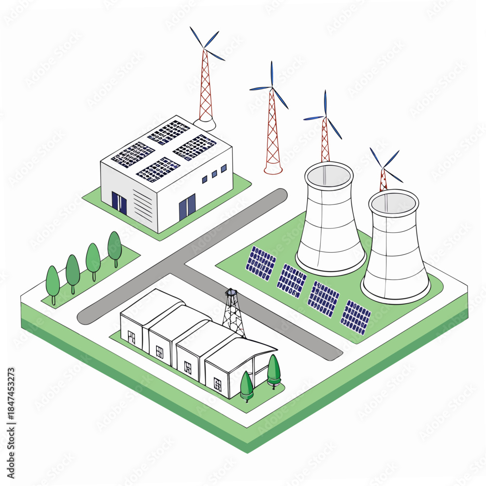 Naklejka premium Angle view of renewable energy industrial complex with solar panels and wind turbines
