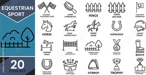 Equestrian sport icon set,a comprehensive collection of 20 line art symbols Vector