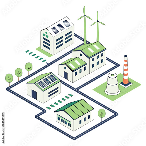 Aerial view of renewable energy factory complex with solar panels and wind turbines