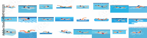 A diverse collection of flat vector illustrations showcasing people swimming various strokes like freestyle, backstroke, and butterfly in pools, highlighting water sports and fitness.