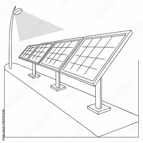 Line of three adjustable solar panels with a streetlight