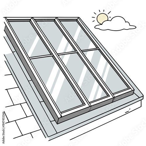 Solar panel window glass tiles on roof reflecting sky light