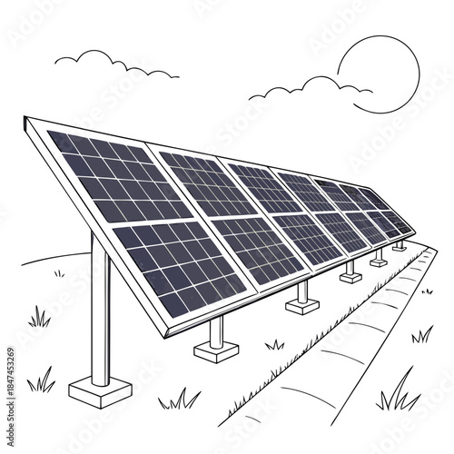 Solar panel array on a grassy field with cloudy sky