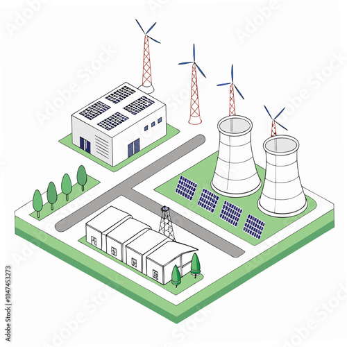 Angle view of renewable energy industrial complex with solar panels and wind turbines