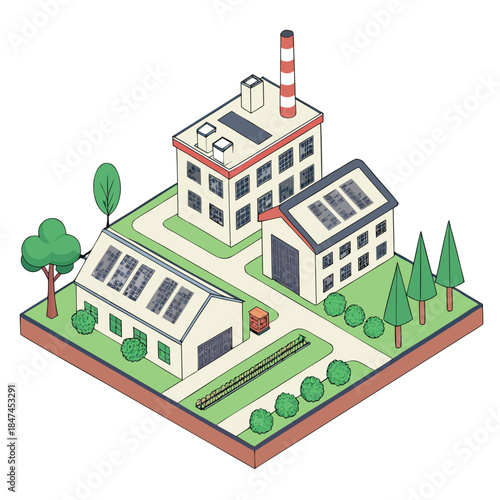 Factory district with green spaces and solar roofs 1