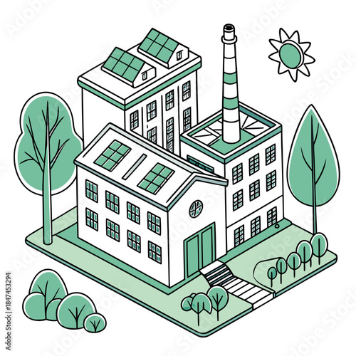 Factory district with green spaces and solar roofs