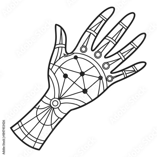 Human hand with geometric patterns and lines forming energy grid