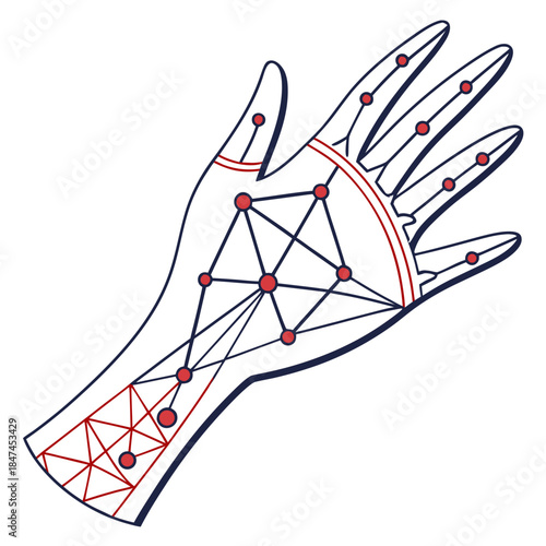 Human hand with palm lines and nodes forming a network
