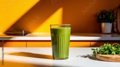 Green Smoothie in a Glass on a Bright Modern Kitchen Counter