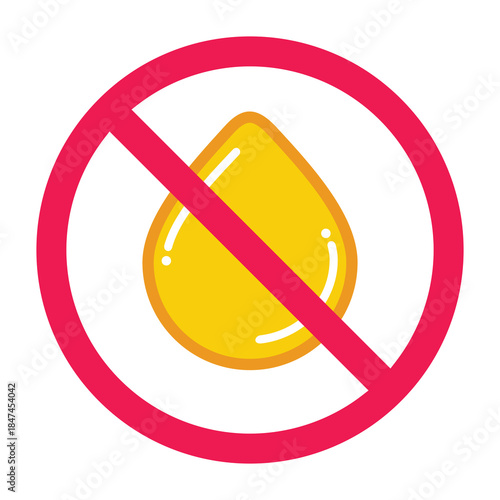 No oil sign, forbidden sign with oil drop icon, oil restriction icon, do not use oil symbol, vector illustration
