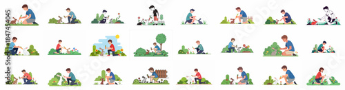 Flat vector set of people interacting with rabbits outdoors, offering carrots and leaves in various garden scenes.