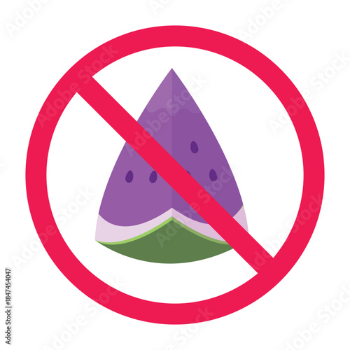 No purple watermelon sign, forbidden sign with purple watermelon icon, forbidden processed and synthetic food symbol, vector illustration
