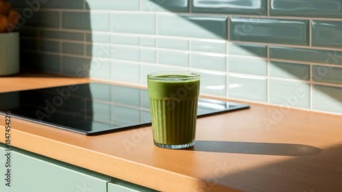 Green Smoothie in a Glass on a Bright Modern Kitchen Counter