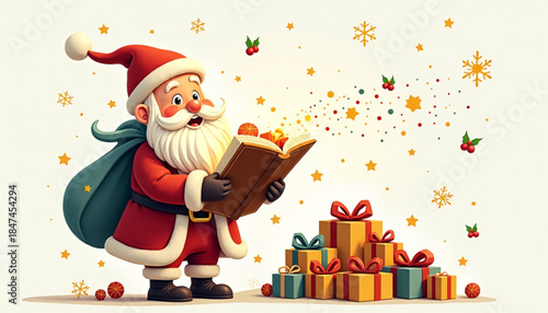 Sinterklaas Holding Glowing Book of Gifts in Whimsical Flat Vector Style