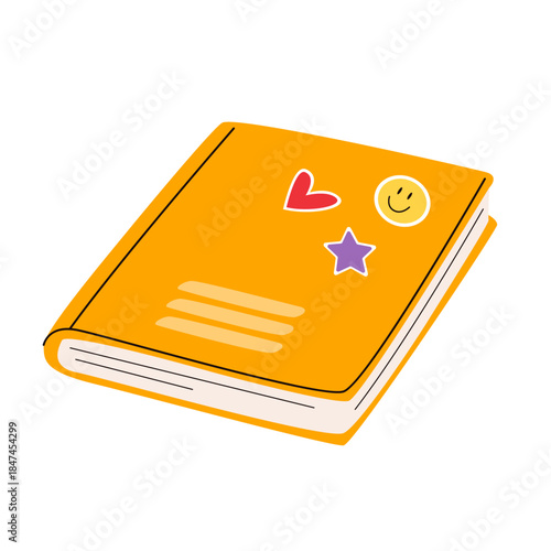 Yellow book decorated with stickers. Diary for reflection, art therapy. Album for drawing