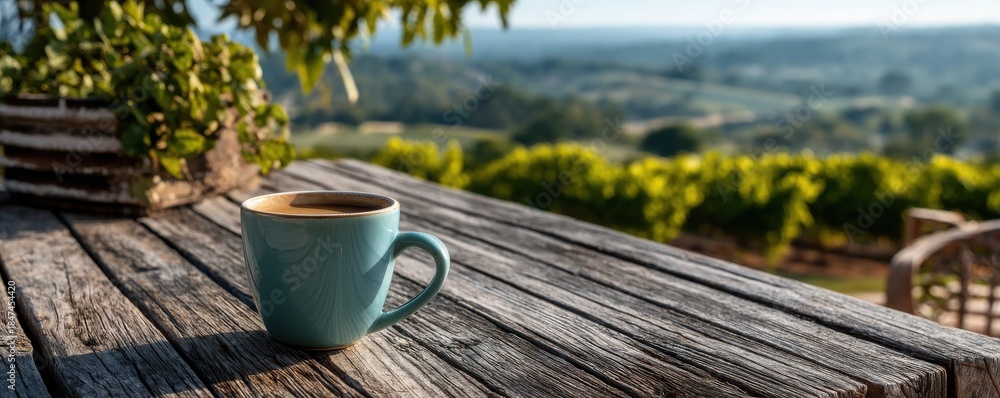 Obraz premium Steaming coffee mug on an outdoor wooden table overlooking a peaceful countryside view at dawn.