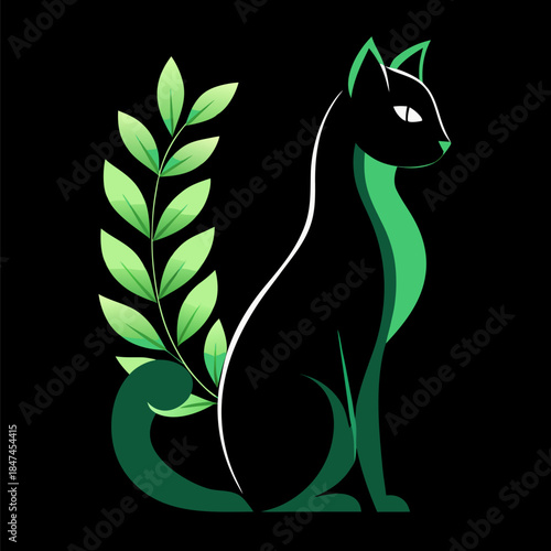 Minimalist black cat with green leaf vector illustration