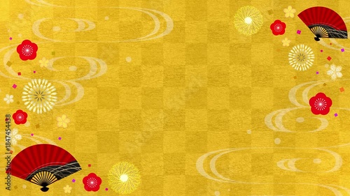 和柄　ループ動画　市松模様　文様　枠　和　年賀　正月　お歳暮　初売り　和風　和モダン　縁起物　豪華　高級感　飾り　和紙　扇子　梅の花　菊　扇　Japanese pattern.Celebration background.Loop video.