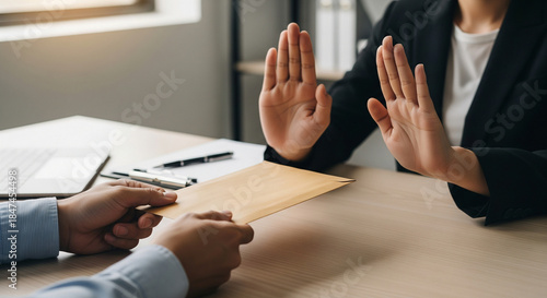 Person refusing to accept a bribe with raised hands, signaling honesty and integrity in business.