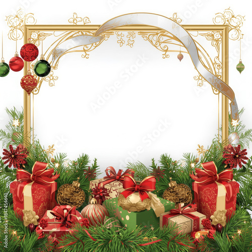 Merry Christmas and Happy Holidays sign with gifts and decorations for celebrations