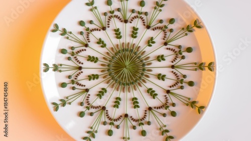 Geometric Mandala Pattern Made of Seeds and Microgreen Stems