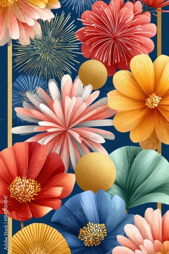 Vibrant floral bouquet against dark blue backdrop with fireworks and gold frame for New Year celebration