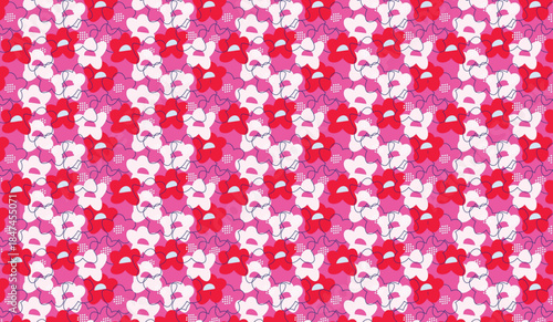 Vibrant floral pattern featuring repeating pink, red, and white blossoms on a magenta background, creating a cheerful and decorative design