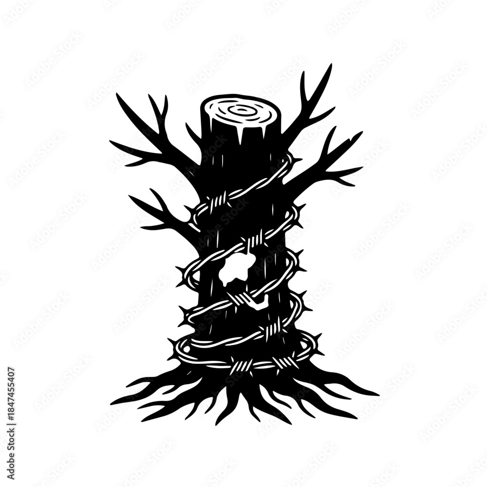 Obraz premium Barbed Wire Tree Icon. Minimalist black and white vector symbolizing environmental exploitation and ecological damage due to war and armed conflict. A tree is restricted by barbed wire