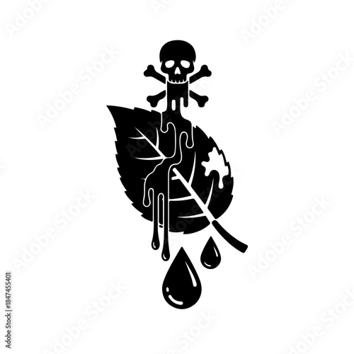 vector symbolizing environmental contamination and pollution from chemical weapons or hazardous materials during conflict. A toxic symbol spills onto a leaf, illustrating deliberate ecological damage