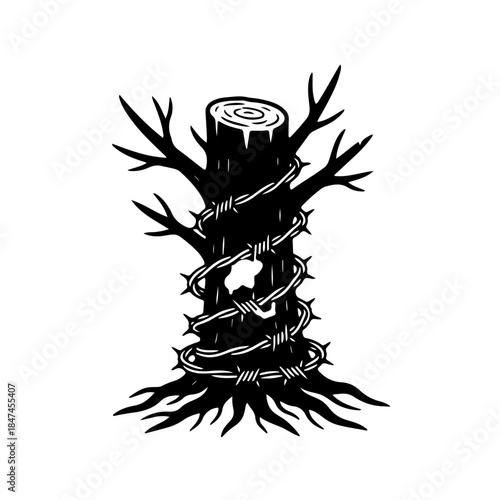 Barbed Wire Tree Icon. Minimalist black and white vector symbolizing environmental exploitation and ecological damage due to war and armed conflict. A tree is restricted by barbed wire