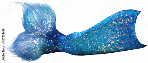 Bold cobalt blue mermaid tail with flowing fin and bright golden glitter, dynamic underwater fantasy illustration ideal for posters, character design, party decor and digital artwork

