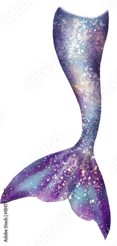 Galaxy purple mermaid tail with blue highlights and golden sparkles, vertical watercolor fantasy fin artwork perfect for celestial ocean themes, kids parties and dreamy decor

