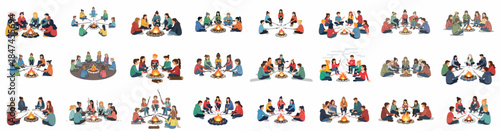 Set of illustrations featuring groups of young friends sitting around a campfire, roasting marshmallows, playing guitar, and socializing outdoors.