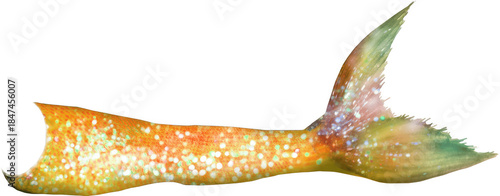 Glowing golden orange mermaid tail with green shimmer and sparkling scales, sunny tropical ocean fantasy fin illustration ideal for summer party themes, decor, crafts and digital designs

