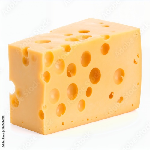 Emmental cheese block featuring distinctive holes presented against a white backdrop