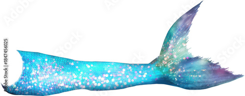 Iridescent blue teal mermaid tail with sparkling stars and soft purple tips, dreamy underwater fantasy fin illustration for ocean magic themes, kids parties and digital artwork

