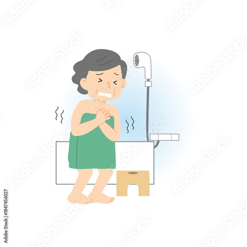 寒い浴室で震えるシニア女性のイラスト｜冬の入浴事故対策